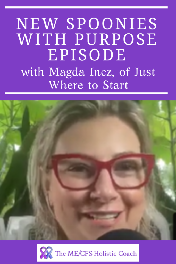 Blond woman with red glasses in front of a microphone in a pinterest image