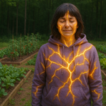 A woman stands in a lush vegetable garden with light shining through cracks in her body.