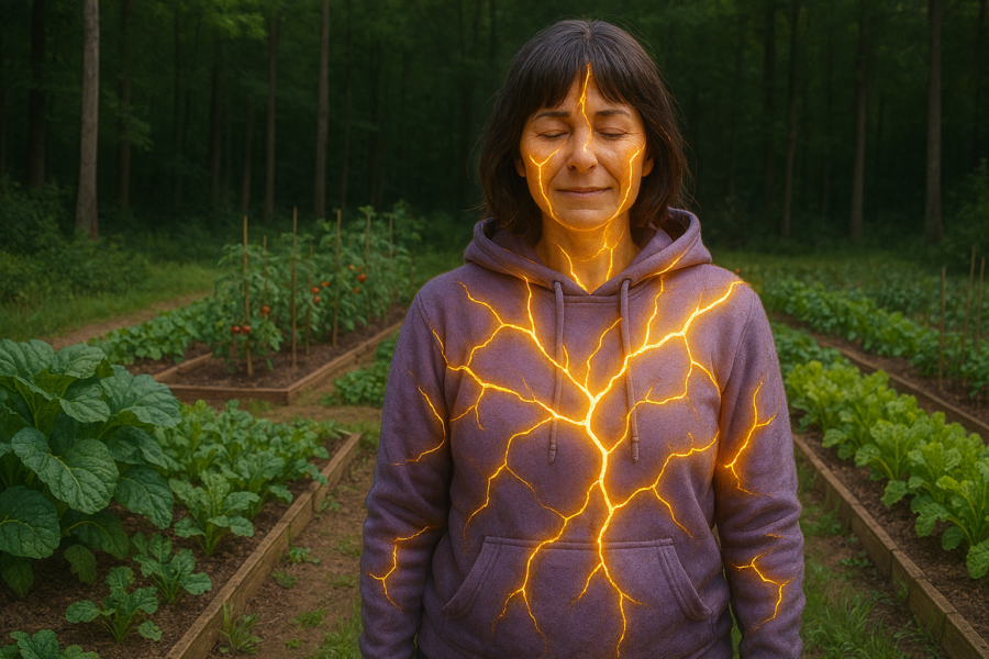 A woman stands in a lush vegetable garden with light shining through cracks in her body.