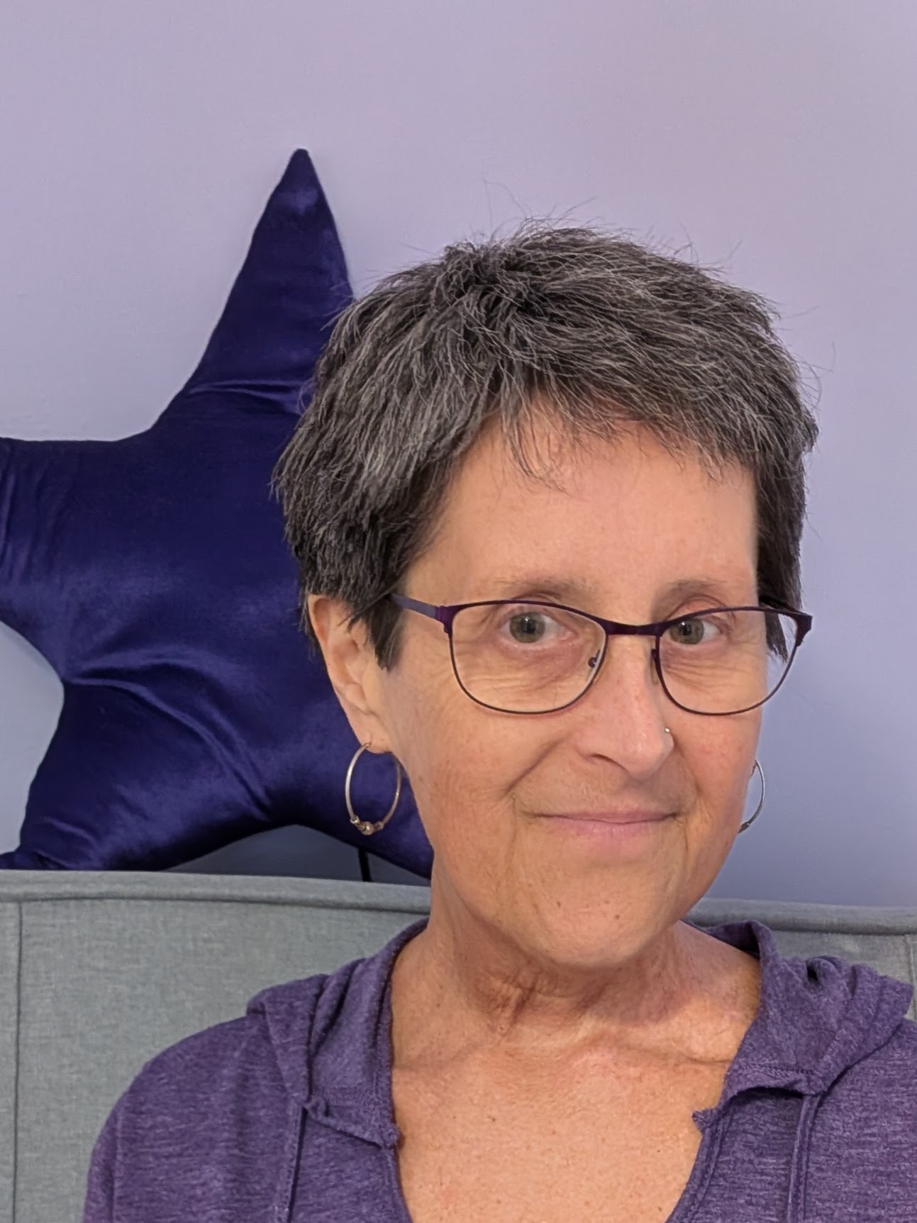 A picture of Julie Holliday, a woman with short greying hair and glasses, wearing a purple hoody and dangly earings.